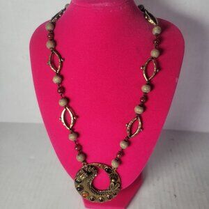 Retro Bronze Dragon Boho Festival Wooden Beaded Pendant Necklace